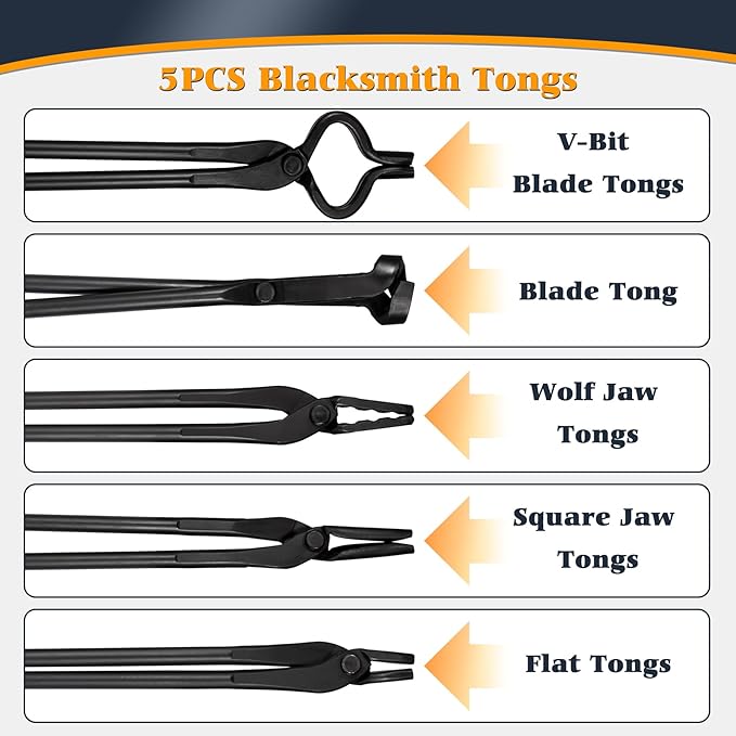 Blacksmith Tongs Set - V-Bit, Flat, Blade, Square Jaw, Wolf Jaw Tongs (5PCS)