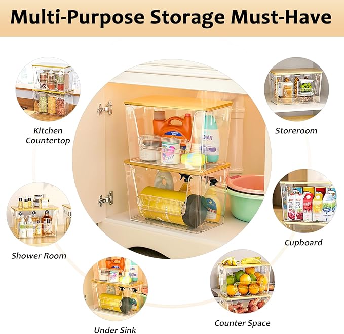 Delamu 2 Set Pantry Organizers and Storage, Trash Bag Holder Under Sink Organizer for 4-13 Gal Bags, Trash Bag Dispenser with Bamboo Top for Onion, Potato, Garlic, Clear (11-7/32"L*7" W*7-1/8"H)