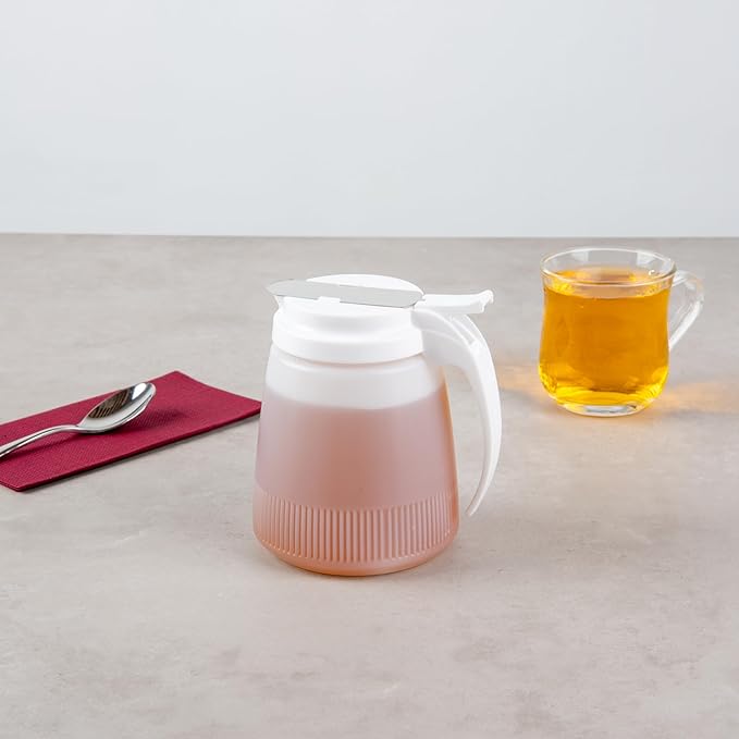 Restaurantware-Chef 101 32 Ounce All Purpose Syrup Dispenser, 1 Honey Dispenser - White Top, Stainless Steel Slide Cover, Plastic Pancake Syrup Bottle, Perfect For Diners, Restaurants, Home