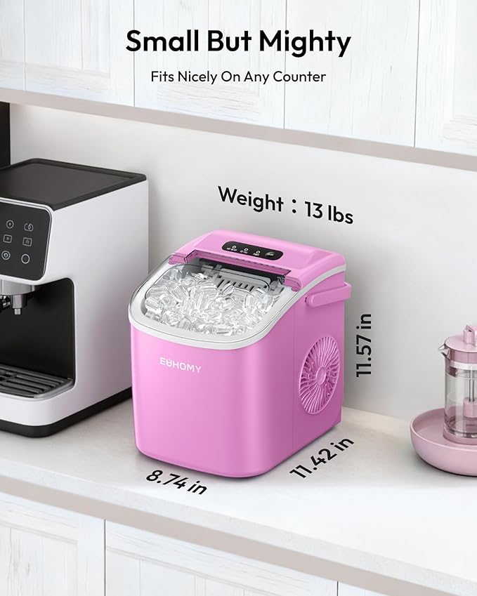 EUHOMY Countertop Ice Maker Machine with Handle, 26lbs in 24Hrs, 9 Ice Cubes Ready in 6 Mins, Auto-Cleaning Portable Ice Maker with Basket and Scoop, for Home/Kitchen/Camping/RV. (Pink)