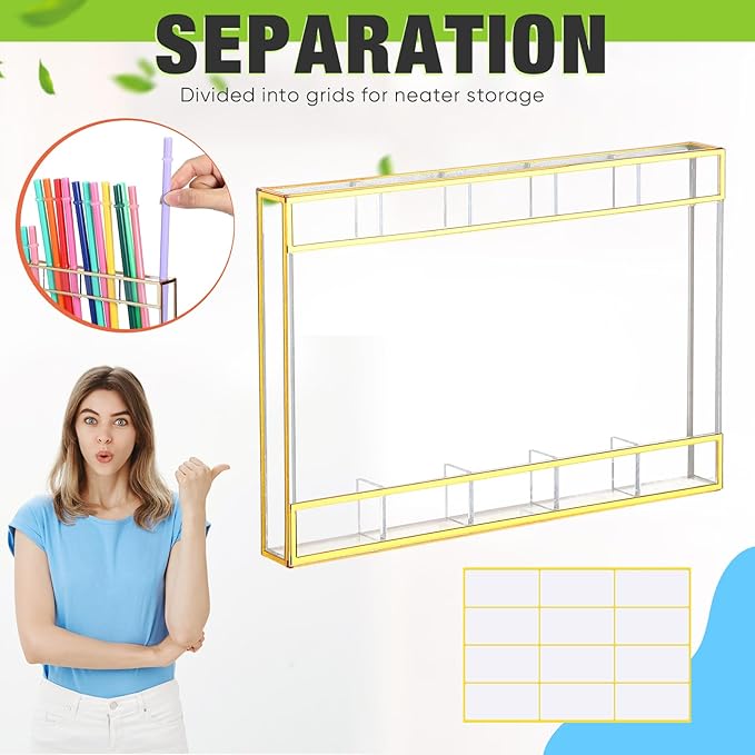 Qinyoung Acrylic Straw Holder for Cabinet Door with Double Sided Adhesive Tape Reusable Straw Organizer Tumbler Storage Kitchen Accessories Container for Counter Cupboard(Gold Trim,Large,Clear)