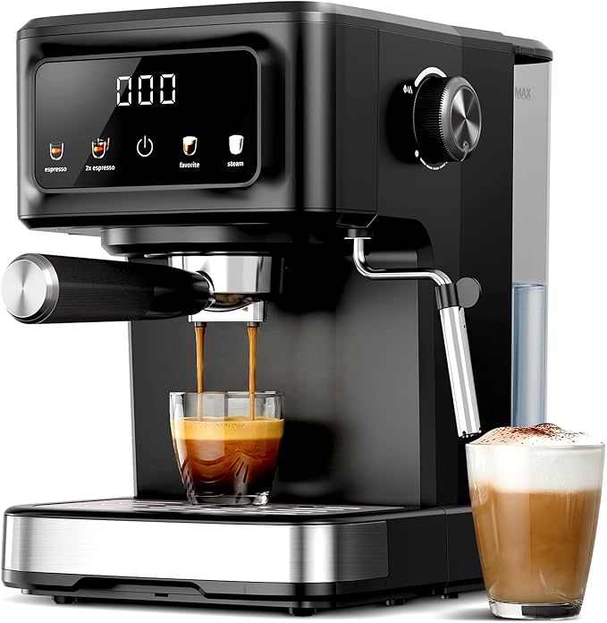 Kndko Espresso Machine, 15 Bar Digital Espresso Maker, Milk Frother Steam Wand for Latte & Cappuccino, Compact Coffee Machine, 1.5L Removable Water Tank, 2 cups dual-stainless steel filter