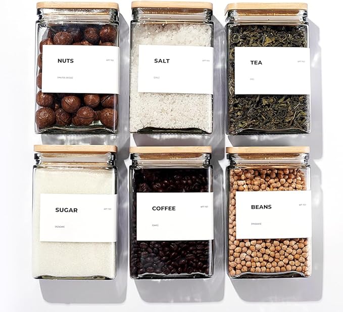 APT 1101 Glass Storage Jars with Bamboo Lid, glass canisters with airtight lids, Clear jars with lids for Spice, Cookie, Candy, Tea, Coffee Bean and Rice (White, Pantry Jar Set (26 oz, set of 6))