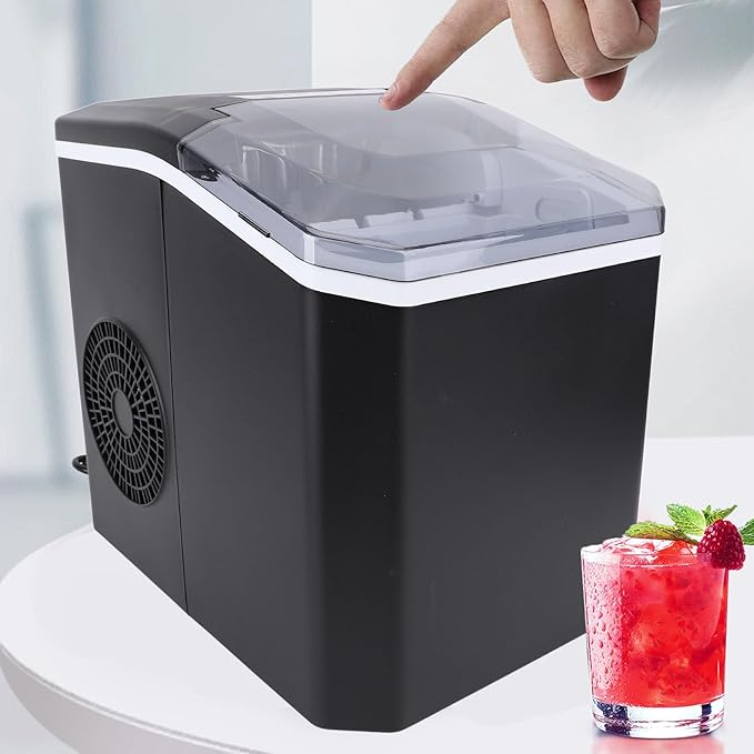 EVGATSAUTO Countertop Ice Maker Machine for Home, 9 Cubes in 6 Minutes, 1.3L Water Tank, Auto Ice Making, Portable with Clear Panel, Handle, Basket and Scoop