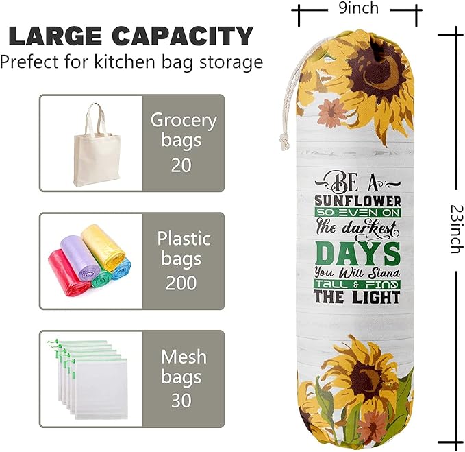 Sunflower Grocery Bags Holder Organizer - Wall Mount Plastic Bags Storage Container Dispenser - Gift for Women, Mother, Grandmother, Friend