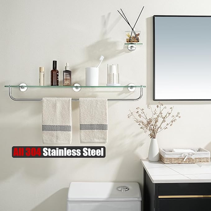 JQK Bathroom Glass Shelf Polished Chome, Shelf with 29 Inch Towel Bar Tempered Glass Shower Storage 30 by 5 inches, 304 Stainless Steel Silver Finish Wall Mount, TGS100L30-CH