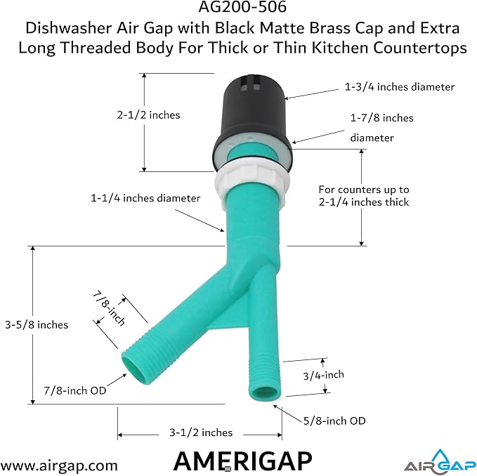 Dishwasher Air Gap with Skirted Black Matte Brass Cap and Extra Long Threaded Body for Thick or Thin Kitchen Countertops (AG200-506, AG200-X06, AMERIGAP)