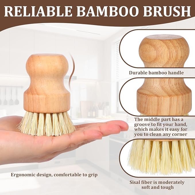 20 Packs Bamboo Dish Scrub Brush Wooden Dish Scrubber Set Eco-Friendly Natural Sisal Bristles Dishes Brush for Kitchen Cleaning Pots, Pans, Bottles, Sink, Vegetables