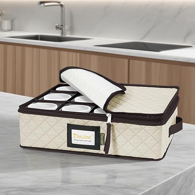 BALEINE China Storage Containers, Sturdy Quilted Wine Glass Storage, Plate Organizer with Carry Handles, Moving Boxes for Dishes, Cups, Mugs and Stemware (Mug Storage, Soft Shell Cream)