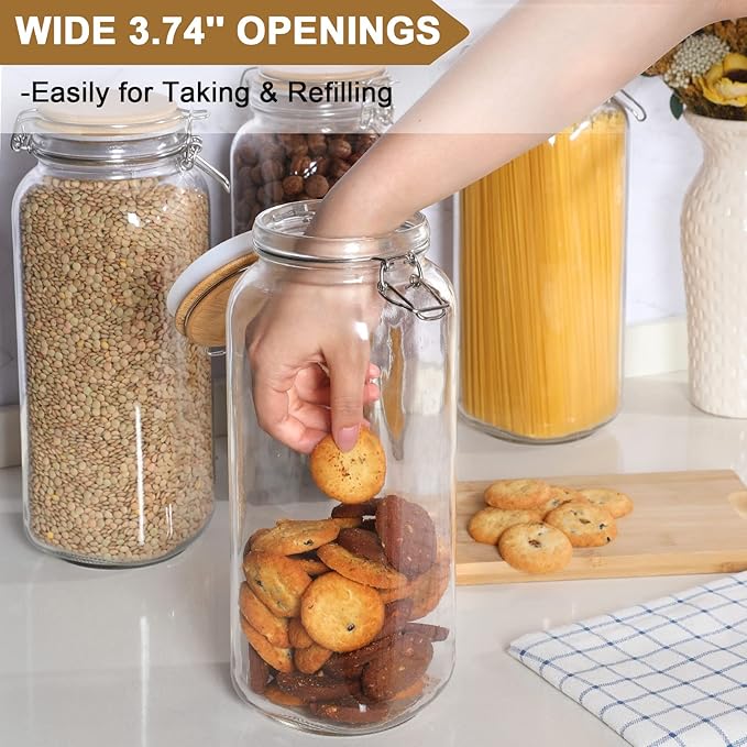 VITEVER [ Taller ] 92oz Glass Jars with Airtight Lid, Large Glass Food Storage Jars, 3 Pack Wide Mouth Airtight Glass Jars for Kitchen Pantry Spaghetti, Square Mason Jars with Labels