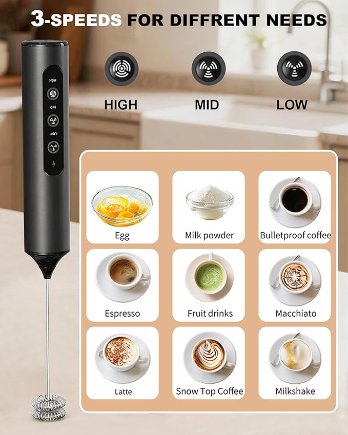 Rechargeable Handheld Milk Frother with Box, 3-Speed Coffee Frother Handheld with 3 Whisks, Dual Coil Whisk Electric Frother Wand for Coffee Latte Cappuccino Matcha and Egg, Kitchen Gift Set