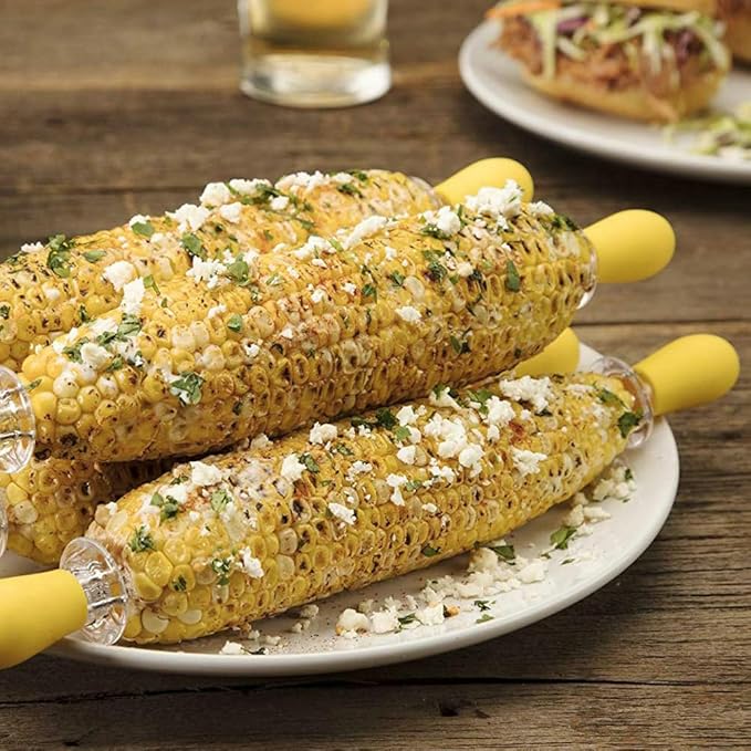 Corn Dishes and Corn Holders Set Kits, PEOUWNES Corn on The Cob Holders, Corn Cob Holders Skewers BBQ Twin Prong Holders, Includes 12 Stainless Steel Corn Holders, 6 Corn Trays and Butter Spreader