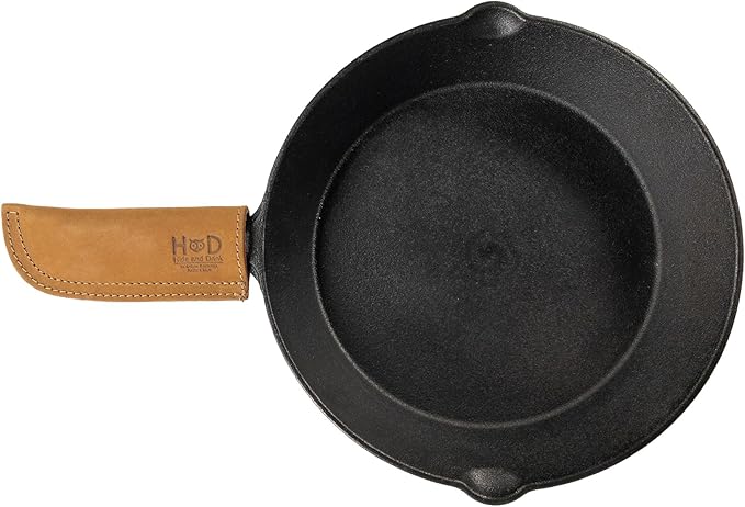 Hide & Drink, Full Grain Leather Hot Handle, Cast Iron Protector, Panhandle Potholder, Double Layered, Double Stitched, Slides On/Off Easily onto Metal Skillet Grips, Handmade, Old Tobacco