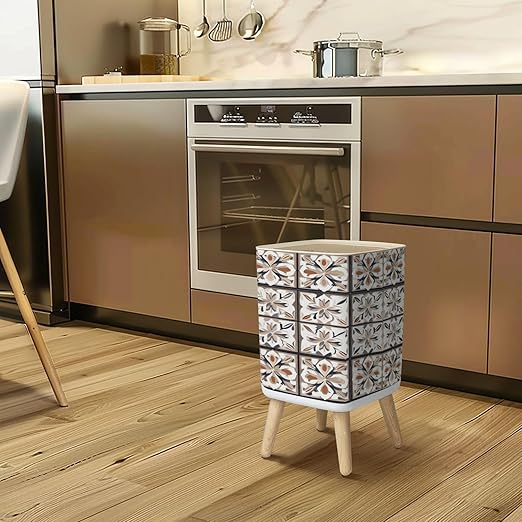 Small Trash Can with Lid Seamless Ceramic Tile Colorful Vintage Multicolor Pattern Wastebasket with Press Cover Dog Proof Garbage Can Waste Bin for Kitchen Bathroom Nursery 2.6 Gallon