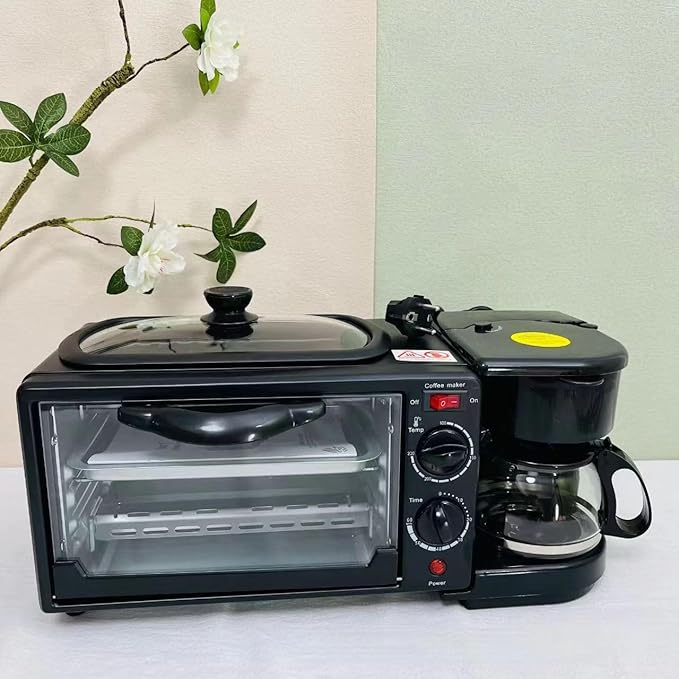 9L, 3-in-1 multifunctional home breakfast machine, mini oven, coffee machine, with timer，visible window (Black)