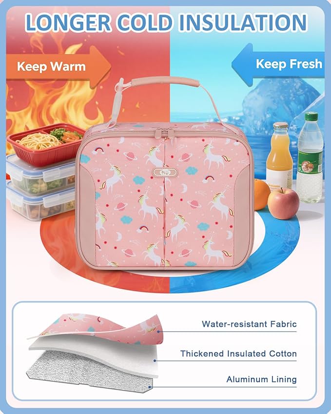 Insulated Lunch Box for Kids, Cute Thermal Lunch Bag for School, Reusable Lunch Tote for Boys and Girls, Durable Cooler Bag with Easy Grab Handle, Lightweight and Easy to Clean Meal Bag, Unicorn