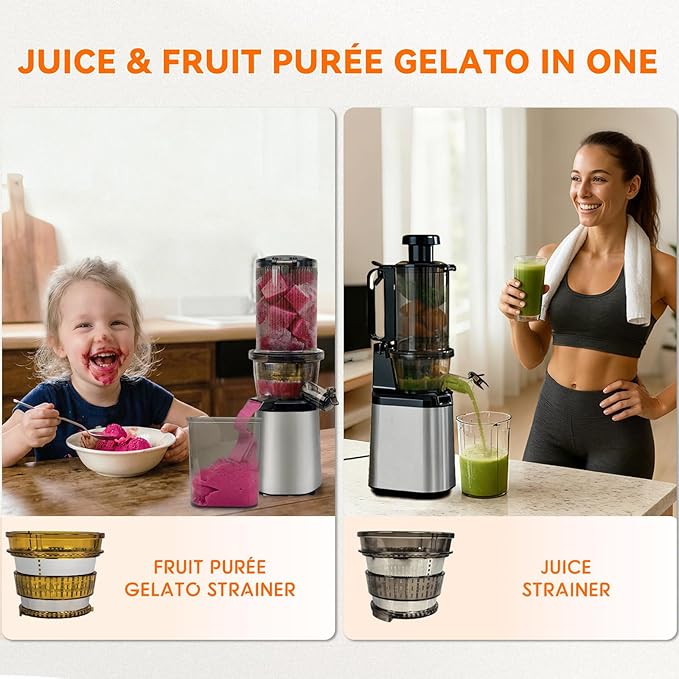 Cold press juicer machines，HYSapientia Electric masticating slow juicer for vegetable and fruit,Powerful Motor,Self Precut System,Easy to Clean,High Juice Yield,Juice & Fruit Purée Gelato Strainers