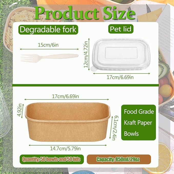 50-Pack 29oz Disposable Kraft Paper Bowls 【with Lids and Forks】Rectangle Cardboard Meal PrepContainers,Paper Leakproof Food Containers,Soup Serving Bowl for Hot/Cold Food-Microwave Safe (29oz 50Count)