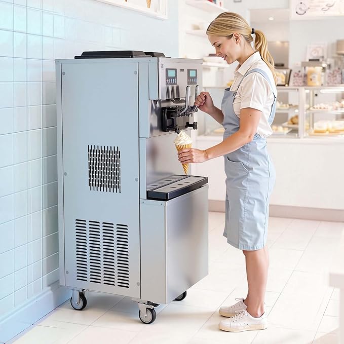 VEVOR Commercial Ice Cream Machine, 34-44L/H Yield, Dual-Compressor Freestanding Soft Serve Ice Cream Maker with 2 * 10L Hoppers & 3 Flavors, Pre-Cooling Puffing Low-Mix Alert for Snack Dessert Shops