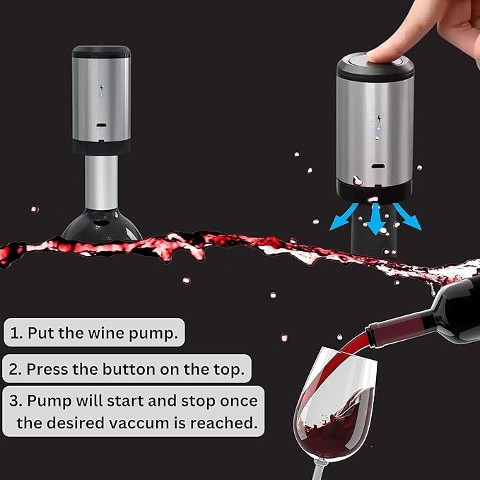 Wine Stopper, Automatic Vacuum Wine Pump, Pumps out air from bottle keeping wine fresh- great wine accessories -gift for wine enthusiast - Rechargeable Electric pump KUBEDIN