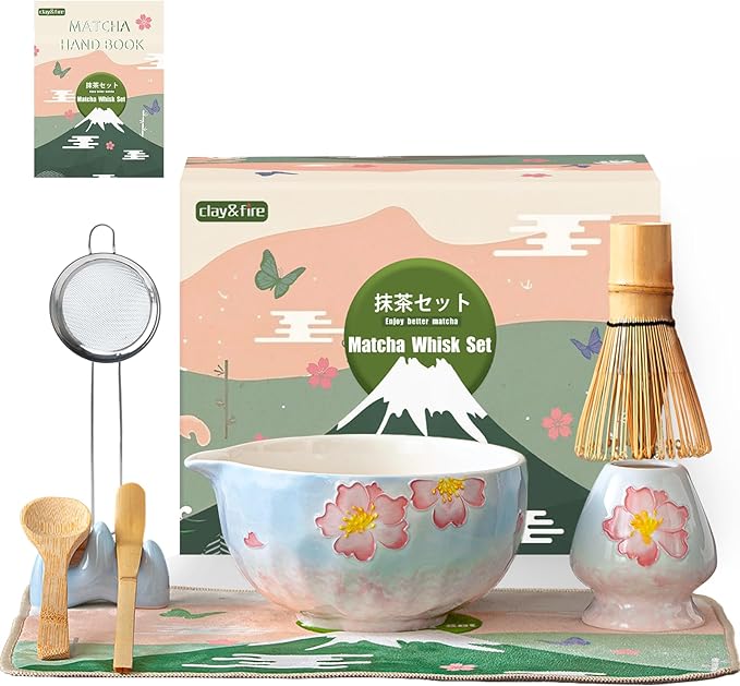 Clay&Fire Matcha Whisk Set，9 Pcs Ceramic Matcha Set, 15 OZ Matcha Bowl with Spout and Whisk，Matcha Kit for Friend, Ideal Gift for Matcha Lover（Cherry）