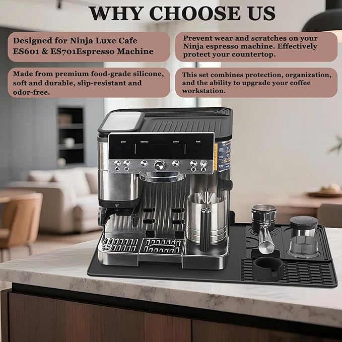 3-in-1 Silicone Coffee Machine Mat,for Ninja Luxe ES601 and ES701 Models: 24“ × 16” Coffee Machine Mat + Espresso Tamper Mat + Top Mat, Made from Food-Grade Silicone. Coffee Machine Accessories.