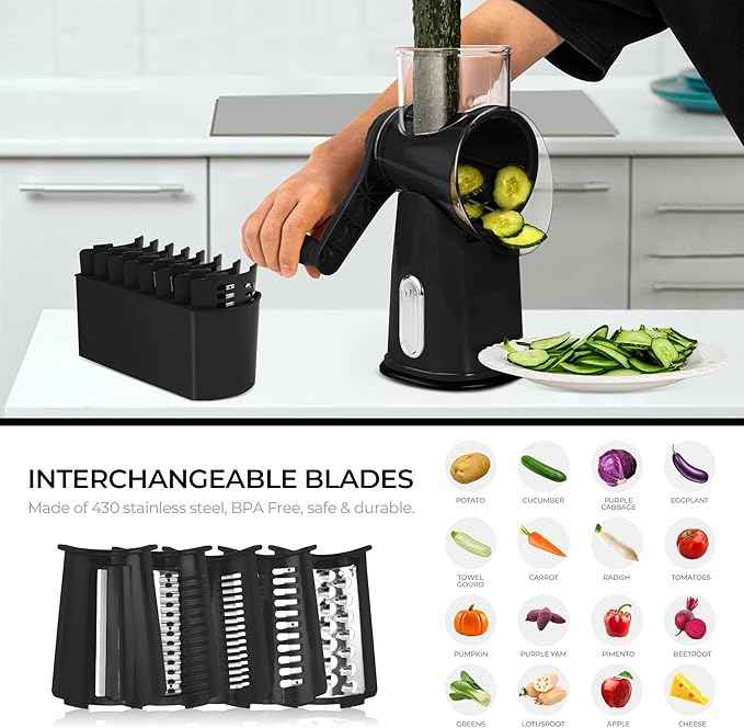 SUSTEAS Rotary Cheese Grater with Handle - Vegetable Shredder with 5 Well-designed Blades & Strong Suction Base,Round Mandoline Slicer & Food Chopper for Kitchen,with Blade Storage Box(Black)