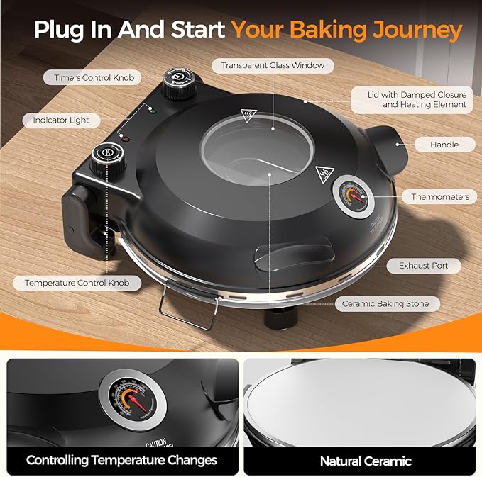 Pizza Oven Indoor Portable, 12 Inch Countertop Indoor Pizza Oven, Pizza Maker Machine For Home, Pizza Cooker with Timer And Temperatures Control Mini Smart, Black, CZP-12SWT
