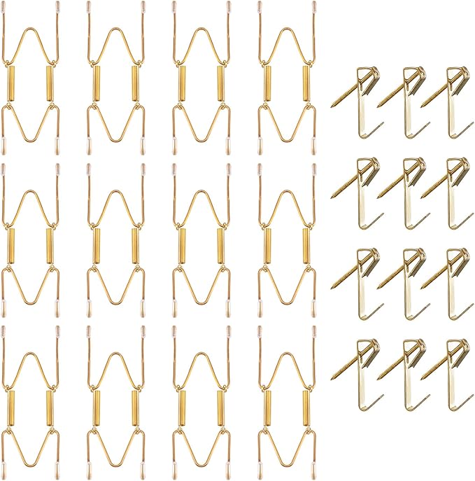 Bilillo 12 Pieces Heavy Duty Invisible Wall Plate Hangers, Stainless Steel Wire Plate Holders with Hooks and Rubber Protectors, Safe and Sturdy Display Hangers for 4-5 Inch (Gold)