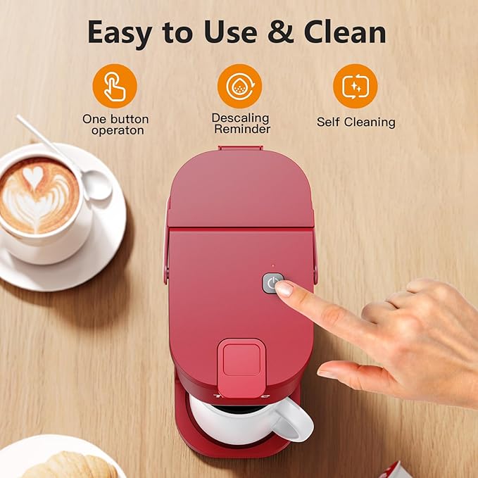 Tastyle Single Serve One Cup Coffee Maker, for K Cups and Grounds, Mini Coffee Maker with Portable Handle, 6 to 12 Oz Brew Size, for Travel, Camping, Office, RV and Dorm, 120V, Vintage Red