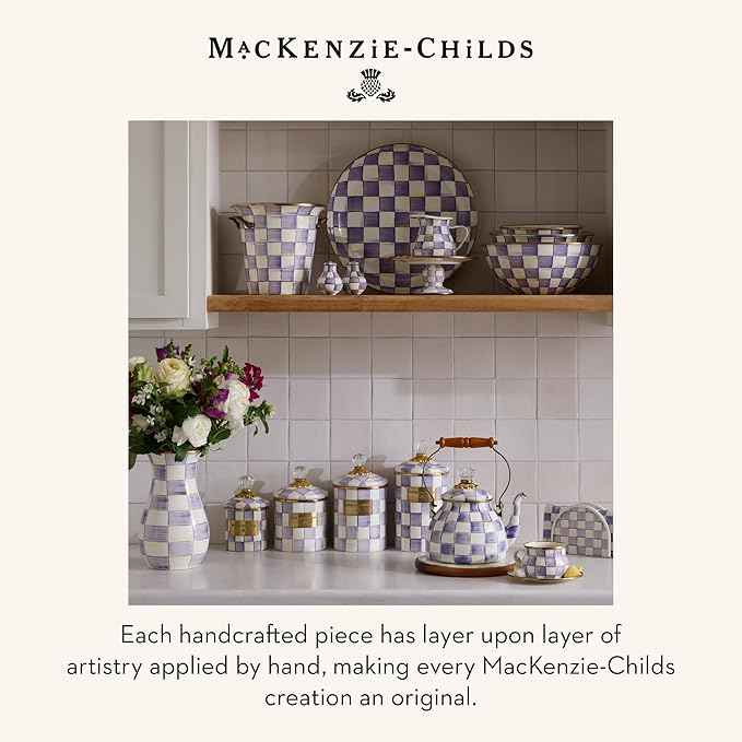MACKENZIE-CHILDS Enamel Vase, Unique Flower-Vase Decor for Living Room, Tall, Purple-and-White Violet Check
