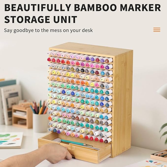 AUTOARK Natural Bamboo Marker Organizer with Drawer,182 Slots,Large Art Supply Storage for Artists,Teachers,Students - No Assembly Sturdy Desk Organizer for Classroom Office Decor,AHK-065
