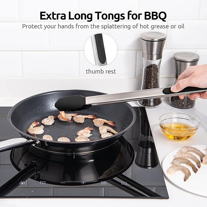 Heat Resistant Silicone Kitchen Tong: U-Taste 16 inch Extra Long Large 480ºF Hot Proof Cooking Tong with Sturdy Non Stick Rubber Tips & Non Slip Silicon Coated Steel Handle for Grilling BBQ (Black)