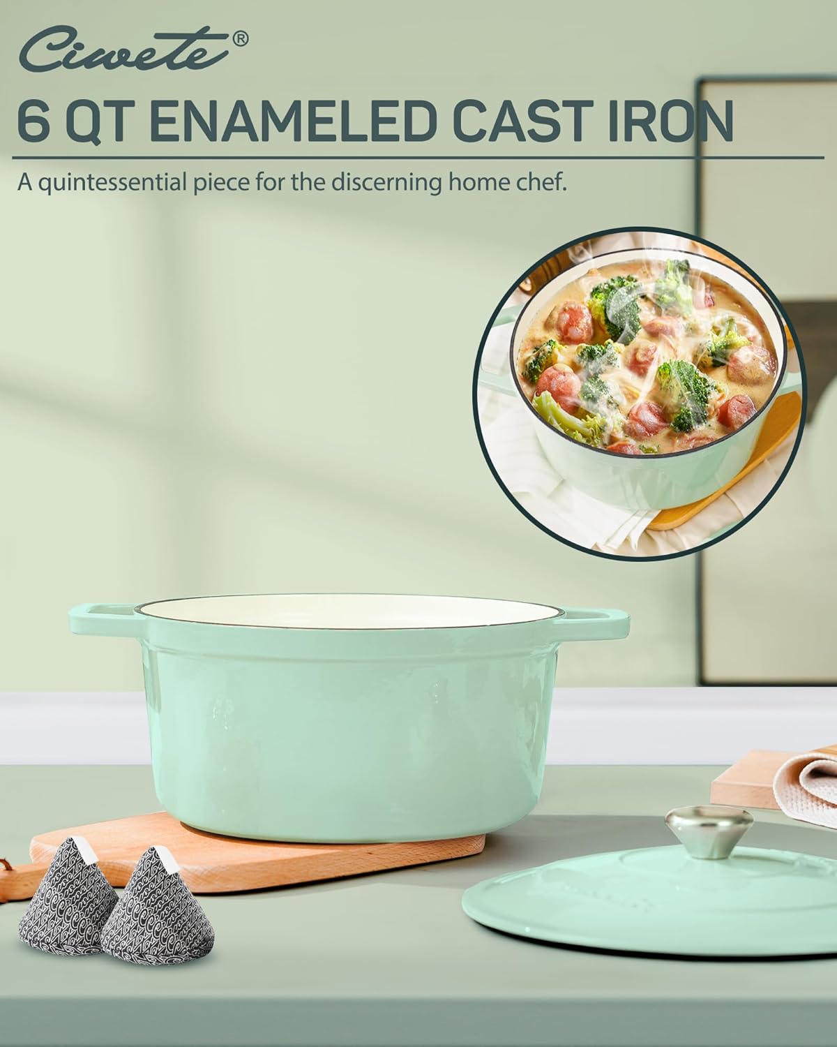 6 QT Dutch Oven Pot with Lid, Enameled Cast Iron Dutch Oven for Bread Making, Braiser, Cooking, Dual Handles, Oven Safe up to 500° F or on Stovetop, Gifts for Family - Mint Green