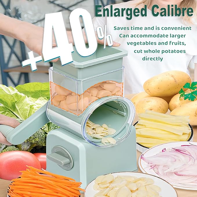 5-in-1 Rotary Cheese Grater with Handle,Multifunctional Manual Vegetable Shredder with Interchangeable Blades,Strong Suction Base，Effortless Shredding for Cheese,Nuts,Fruits,Veggies (green)