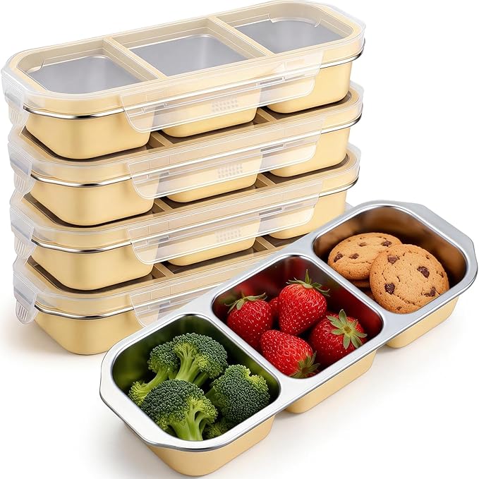 FoldTier 4 Pack Stainless Steel Snack Container for Adults 3-compartment Leak-proof Lunch Box for Work, Travel 10.6 x 4.1 x 2 Inch Stackable Reusable Metal Bento Box(Yellow)