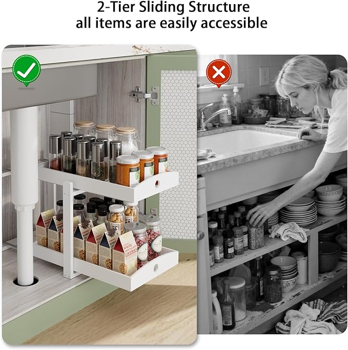 Bamboo Wood Under Sink Organizer 1 Pack, Pull Out Cabinet Organizer 2 Tier Under Sink Organizers and Storage with Sliding Drawer Sturdy Easy Assembly for Kitchen Bathroom Undersink (White, 2 Packs)