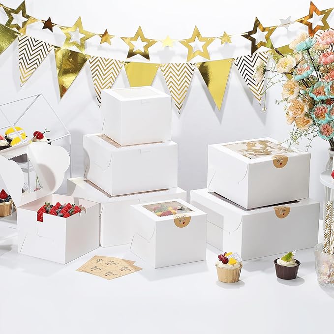 4pcs 6 Inch Cake Boxes with Sticks and Boards for Cookies, Small Cakes, Mini Desserts, Bento, and Bakery, Cupcake Box for Birthday, Party, Wedding, Mother's Day, Christmas（6x6x5 inch）