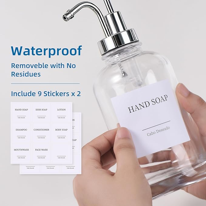 Glass Soap Dispenser with Pump, Dish and Hand Soap Dispenser for Kitchen Bathroom Set, Clear Glass Dispenser Set of 2 Pack with 18 Stickers Funnel Bamboo Tray 500ml 18oz / Each Bottle Sliver Pump