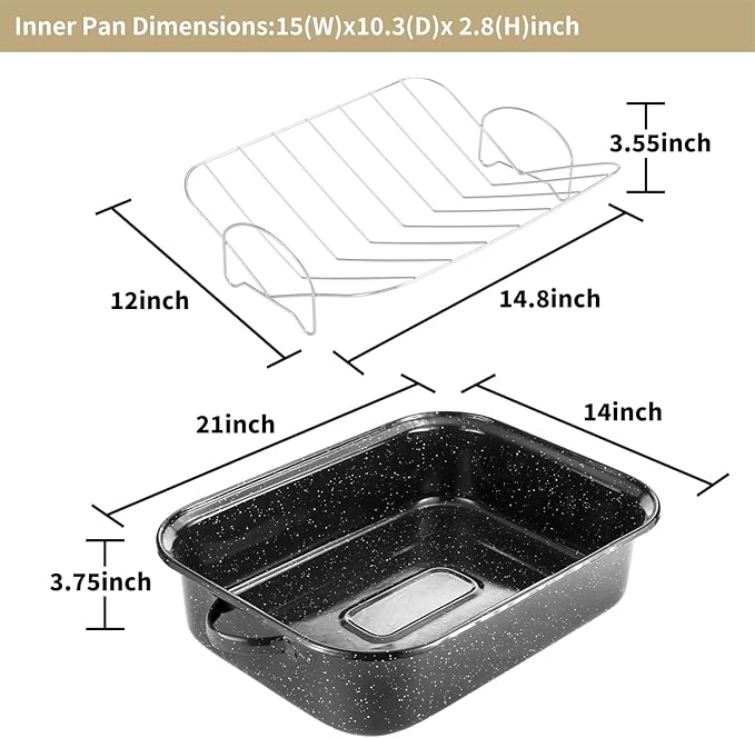 21Inch Roasting Pan, Extra Large Rectangle Roasting Pan With Rack, 25lb Capacity, Large Roaster pan for Baking Turkey, V-Rack and Versatile Lid Bone Turkey Baster by DIMESHY