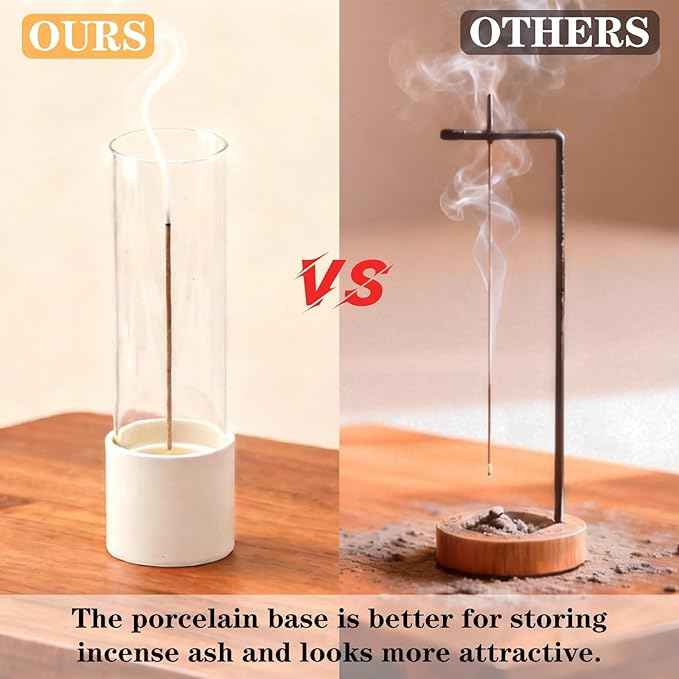 CEREMONY Incense Holder, Ceramic Incense Holder for Sticks with Glass Ash Catcher, Anti-ash Incense Burner with 20 Incense Sticks and a Ash Brush for Meditation Yoga Spa Room Decor (White)