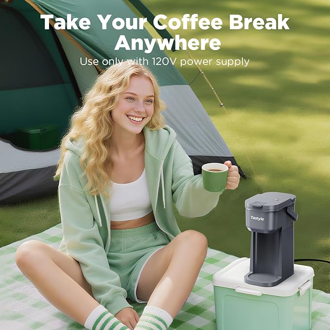 Tastyle Single Serve One Cup Coffee Maker, for K Cups and Grounds, Mini Coffee Maker with Portable Handle, 6 to 12 Oz Brew Size, for Travel, Camping, Office, RV and Dorm, 120V, Cool Gray