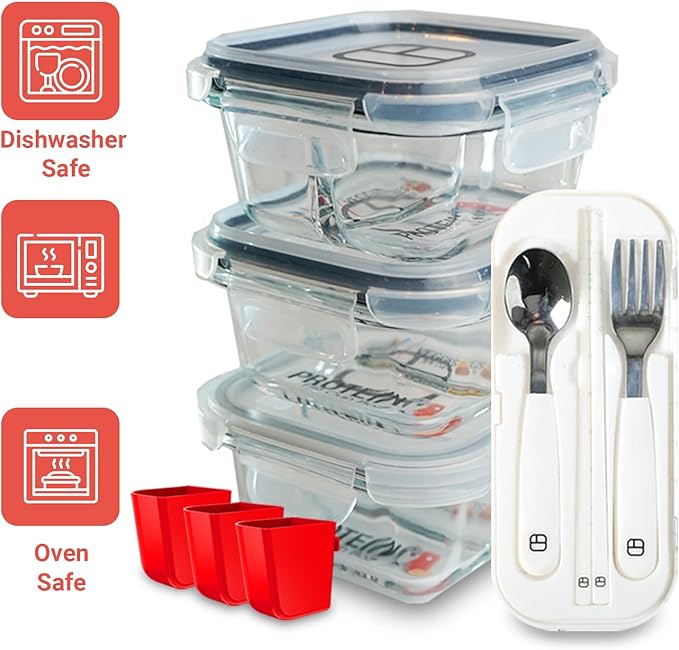 Portion Control Containers for Bariatric Meals – 8 oz Glass Meal Prep Containers with Two 4 oz Compartments and Lids (3 Pack), Reusable Bento Lunch Boxes
