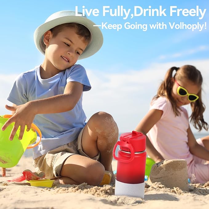 Volhoply 14oz KIds Water Bottle with Straw Lid and Silicone Boot Bulk 6 Pack,Stainless Steel Insulated Bottles for Boys & Girls Multipack, Double Wall Vacuum Leakproof Bottles(Red Purple,6)