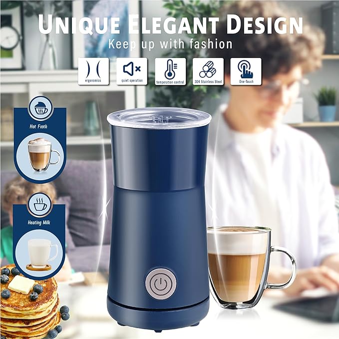Huogary Milk Forther Simple Milk Frother and Steamer 2-in-1 Milk Steamer with Hot Milk Foam and Hot Milk for Latte, Macchiato, Cappuccinos, Blue