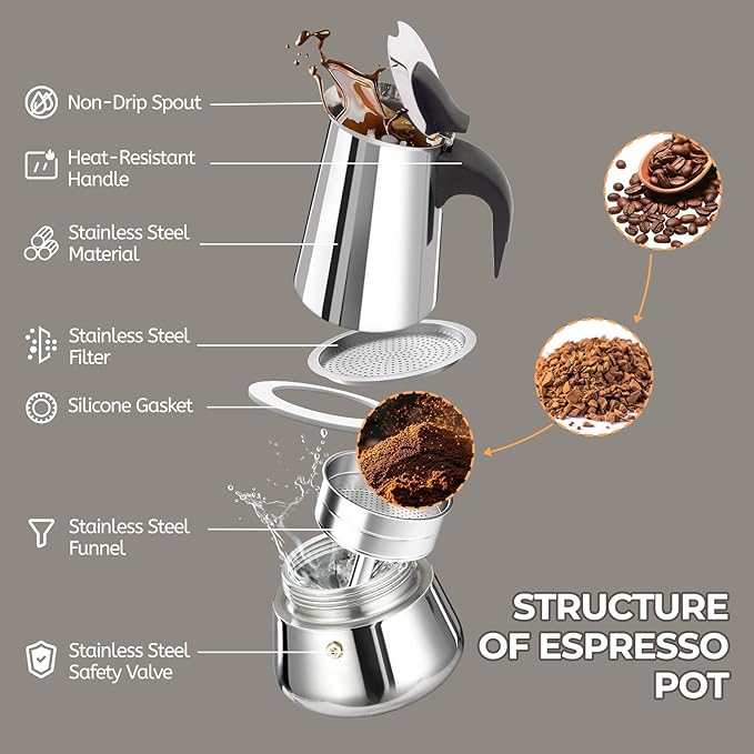 9 Cup 450ml Moka Pot Stainless Steel Espresso Coffee Maker Stovetop Coffeemaker Italian Classic Style Brewing Greca Cafe Mocha Machine for Cafeteras Lover Camping Travel and Home Use 15oz