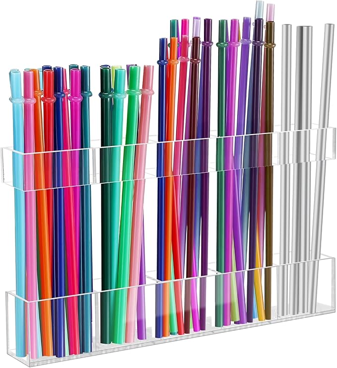 Acrylic Straw Holder for Cabinet Door - Reusable Tumbler Straw Organizer Storage, Small Kitchen Accessories Container, Ultra Sticky Cupboard Door Mounted (Transparent, Large 9.5" (Most Cabinets))
