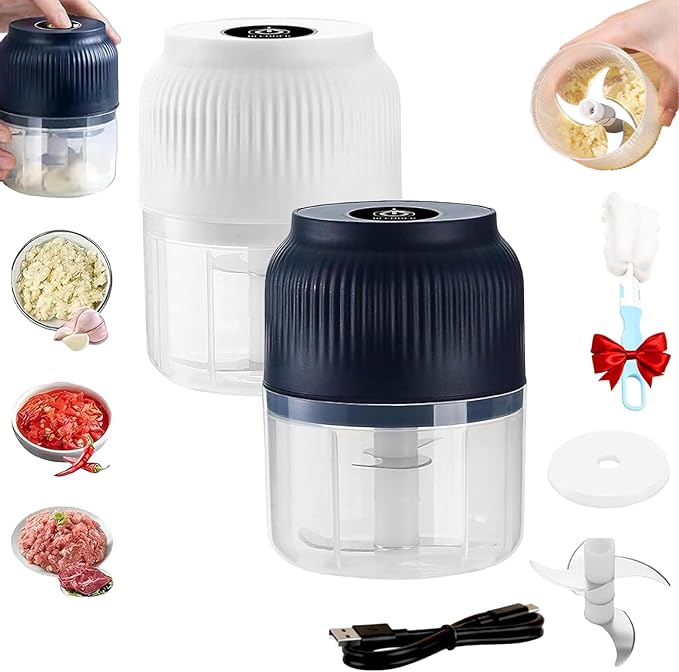 Electric Garlic Chopper, Mini Portable Veggie Cutter, Rechargeable Wireless Electric Food Chopper with 4 Stainless Steel Blades, One-Press Fast Prep for Garlic, Onion, Chili, Ginger, Meat (2Pcs C)