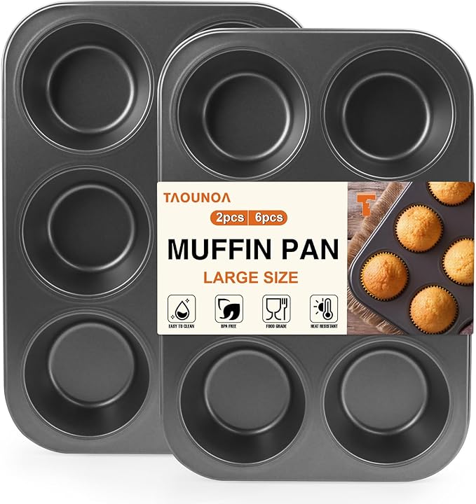 Jumbo Muffin Pan 6 Cup Cupcake Tin Nonstick, 2PCS Durable Large Baking Pan for Big Muffins & Cupcakes, Easy Clean Carbon Steel Giant Muffin Tin for Oven Use, Parties