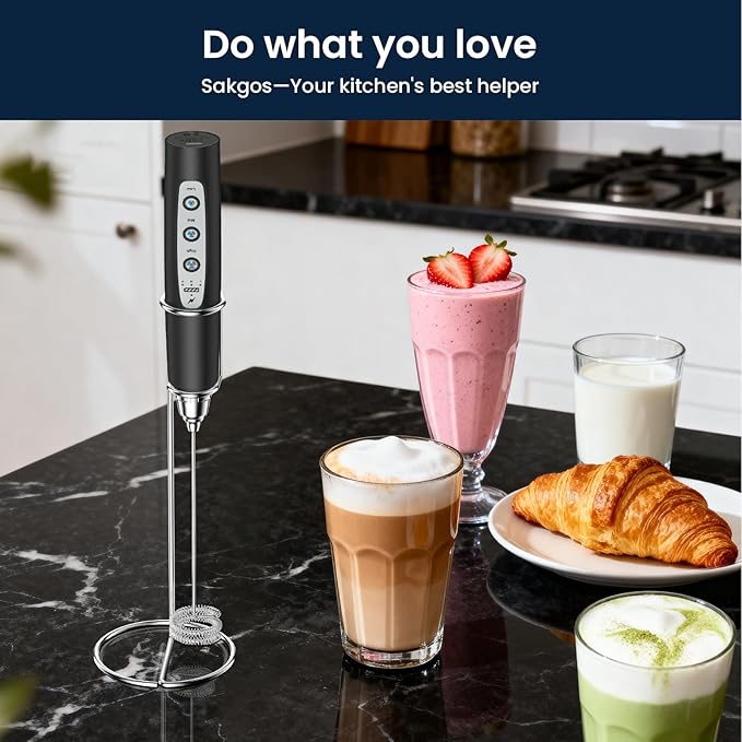 Sakgos Milk Frother with Stand Rechargeable-Handheld Coffee Frother with 3 Stainless Whisks 3 Speed Adjustable, Electric Whisk Drink Mixer, Foam Maker Blender for Matcha Latte Cappuccino Chocolate